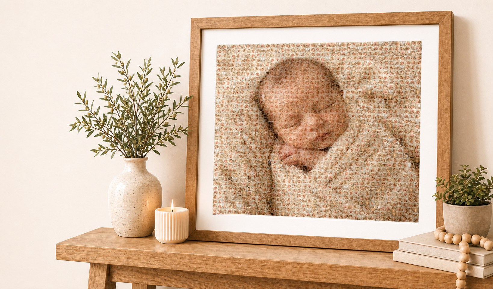 A framed baby portrait mosaic displayed on a warm timber console among a vase, candle, books and greenery
