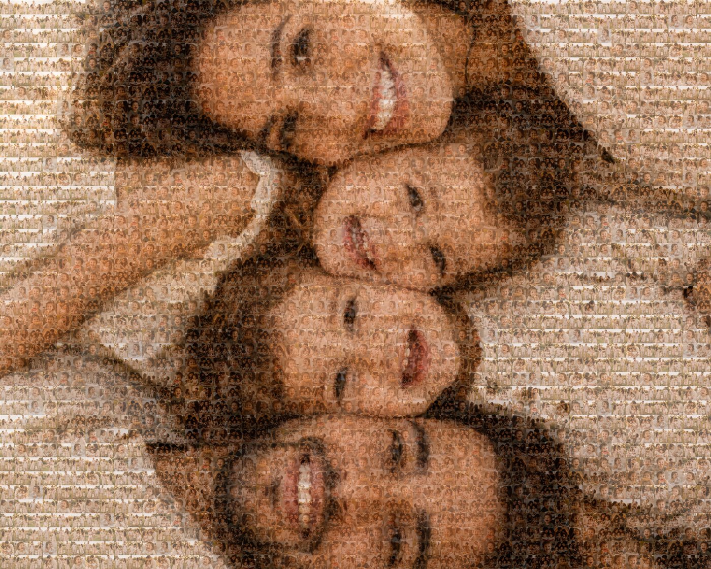 A playful family portrait formed from hundreds of photographs of parents and their young children