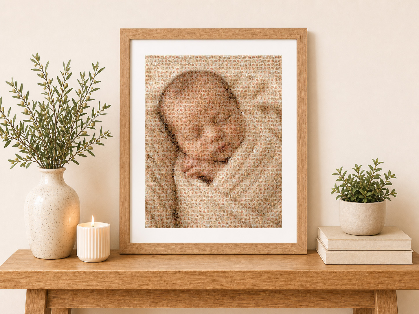 A finished baby photo mosaic in a front-facing natural-oak frame displayed on a warm timber desk with a vase, candle, books and greenery
