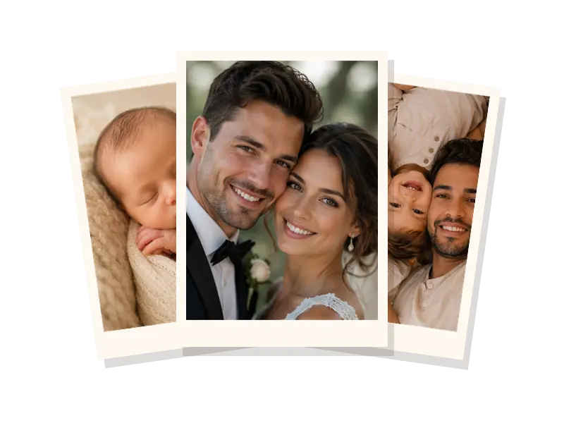 Three overlapping photographs: a wedding portrait, a newborn baby and a family portrait