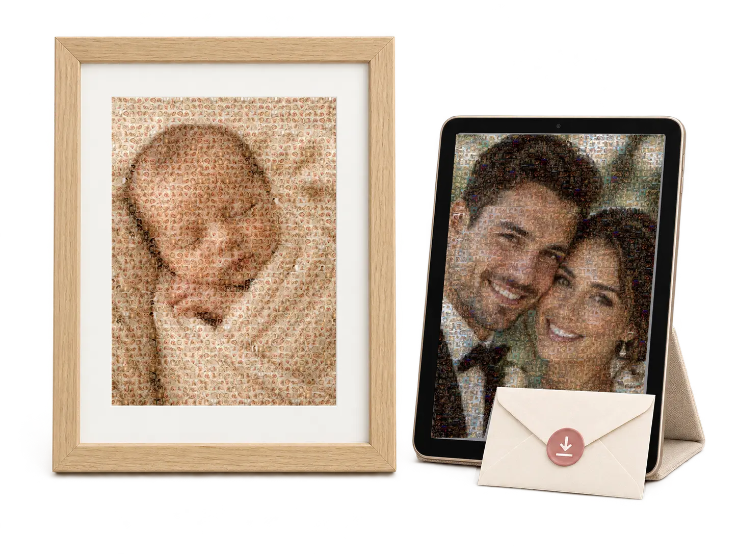 A baby mosaic in a natural-oak frame and a wedding mosaic on a tablet representing digital delivery